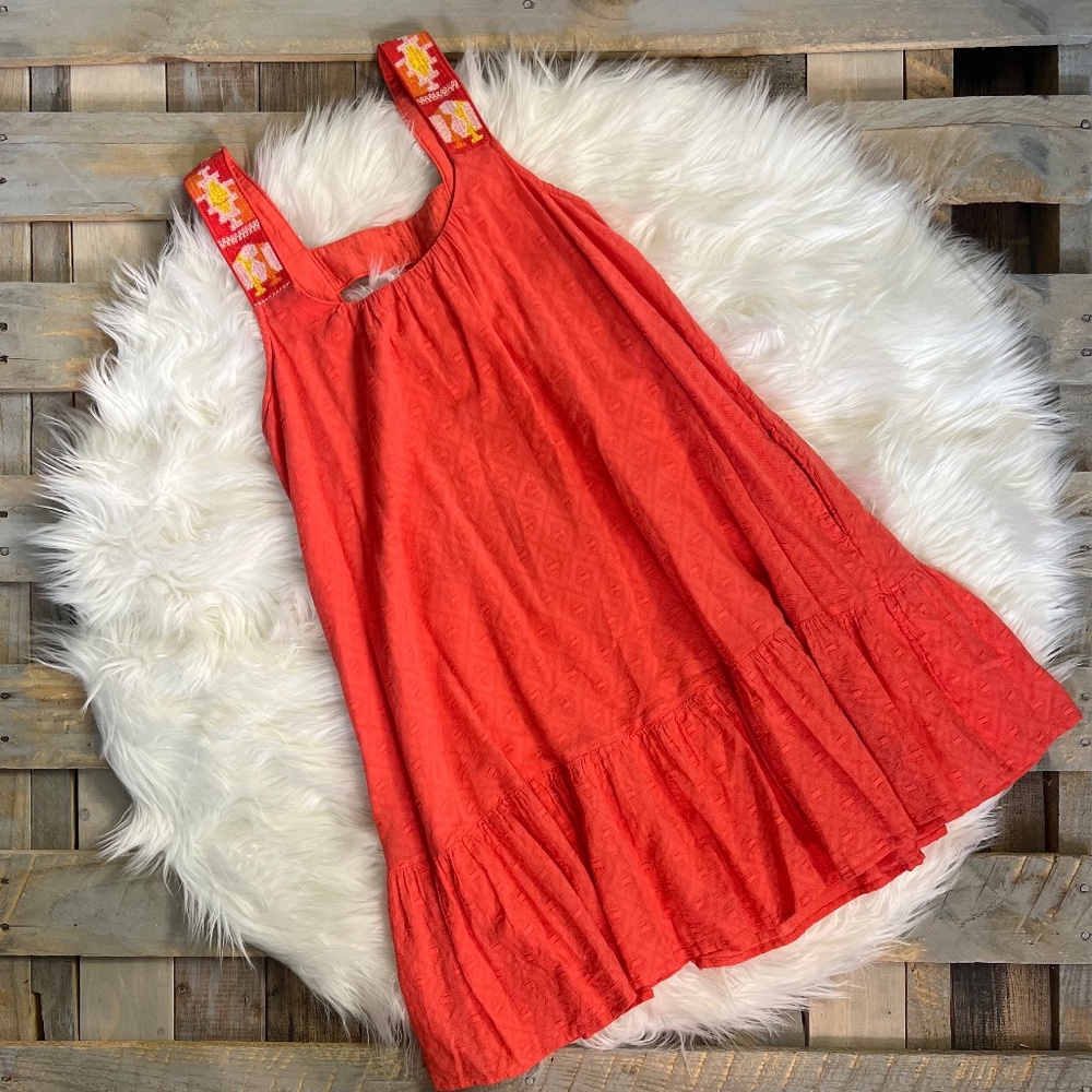 EUC {Anthro} Embroidered Pink Textured Ruffled & Tiered Orange Sundress | Small - Picture 4 of 15